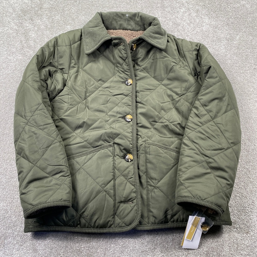 Michael Kors Quilted Jacket Womens Small Dark Olive Faux Fur Lined Barn Coat